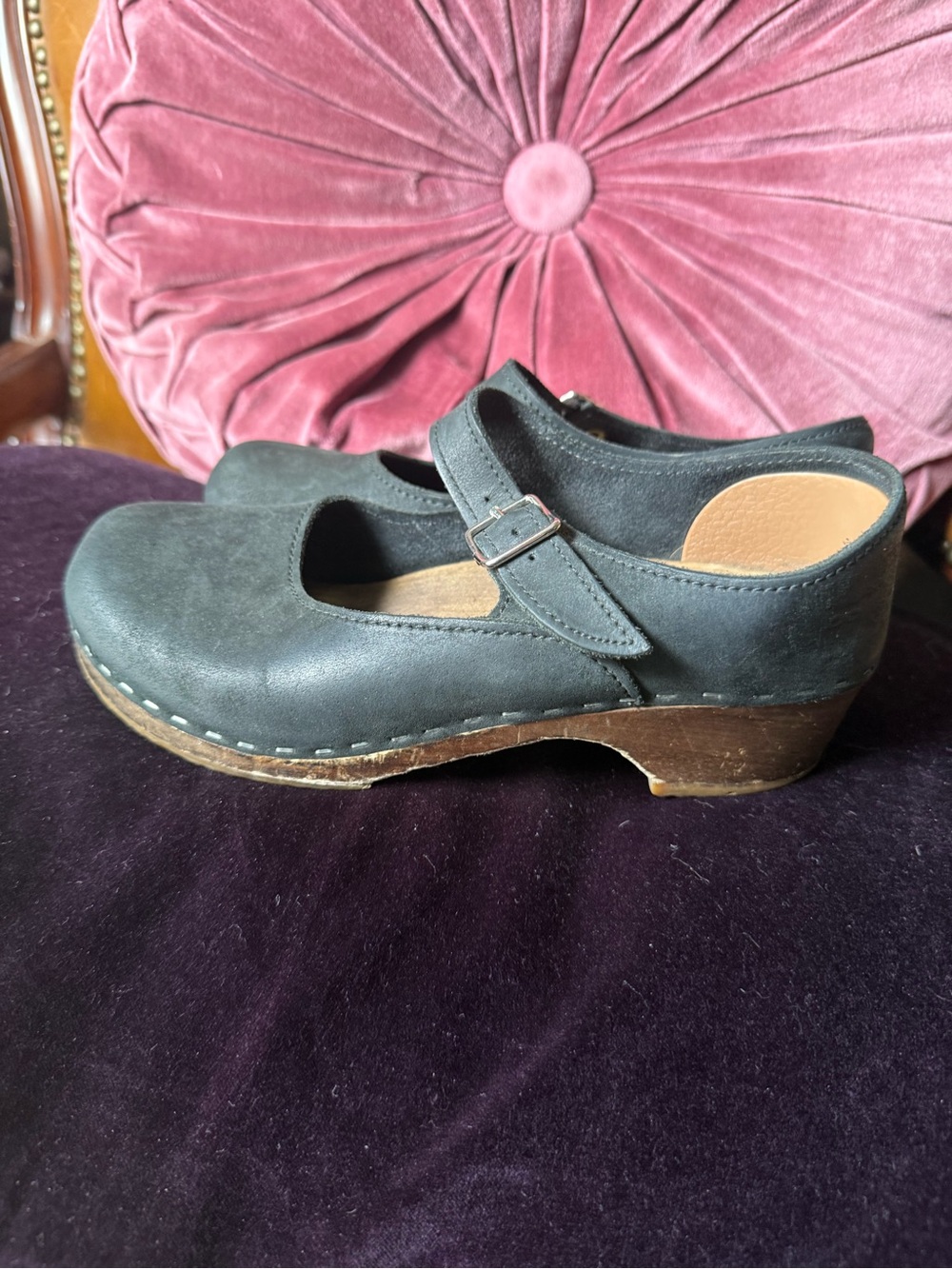 Black Mary Jane Clog Heels with Adjustable Strap